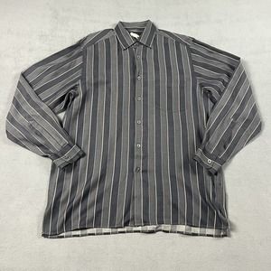 Ermenegildo Zegna Shirt Mens L Black Gray Striped Mother Of Pearl Buttons Luxury